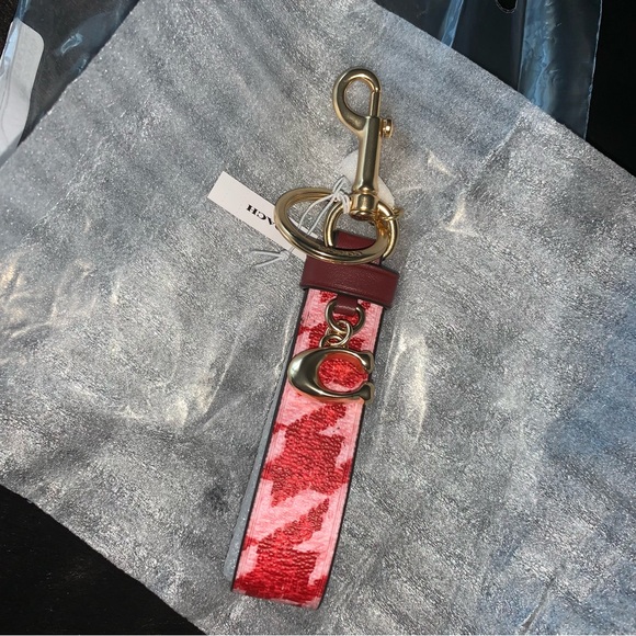 NEW! COACH Houndstooth Loop Bag Charm Key Ring w/ Trigger Snap, Pink/Red, NWT! - Picture 7 of 10